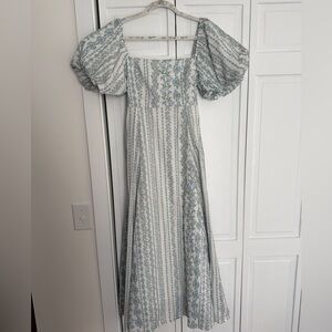 Blue Floral Puff-Sleeve Midi Dress by Mable